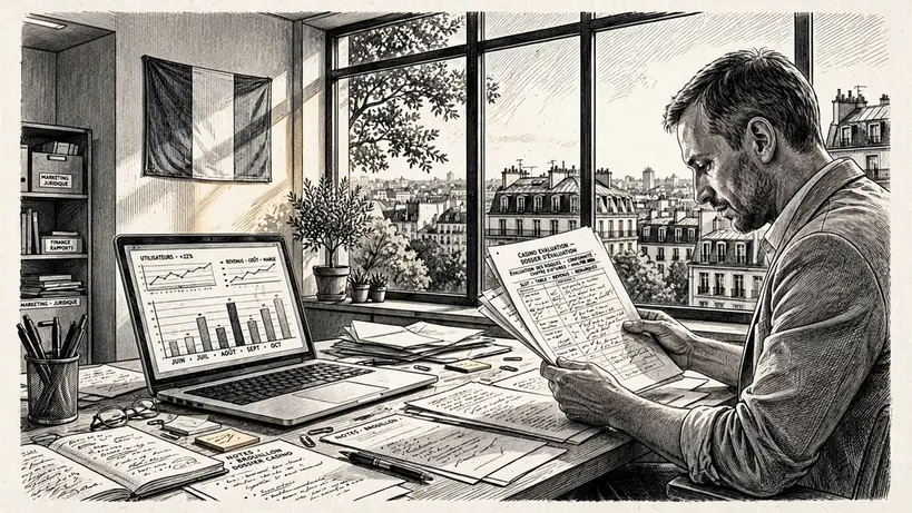 Bureau parisien moderne avec écrivain examinant des documents de casino