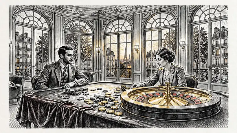 Scène de casino parisien avec roulette dorée et jetons brillants, éclairage chaleureux.