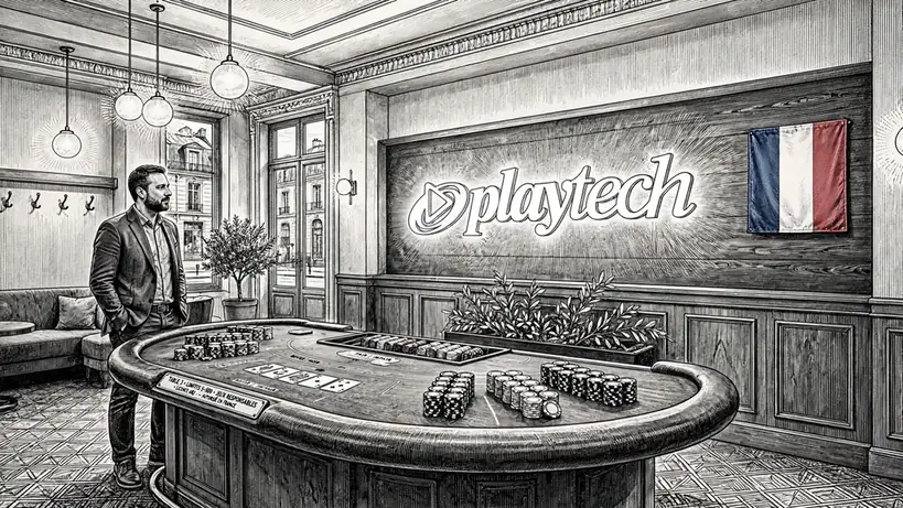 Intérieur de casino français avec signalétique PlayTech et drapeau français