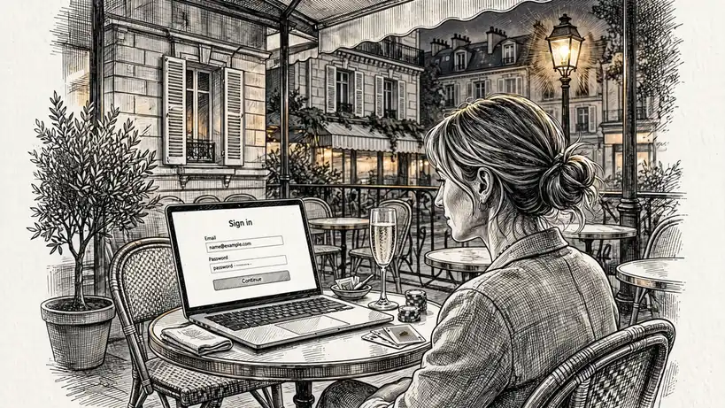 Terrasse parisienne avec ordinateur portable affichant connexion, verre de champagne, lumière du soir