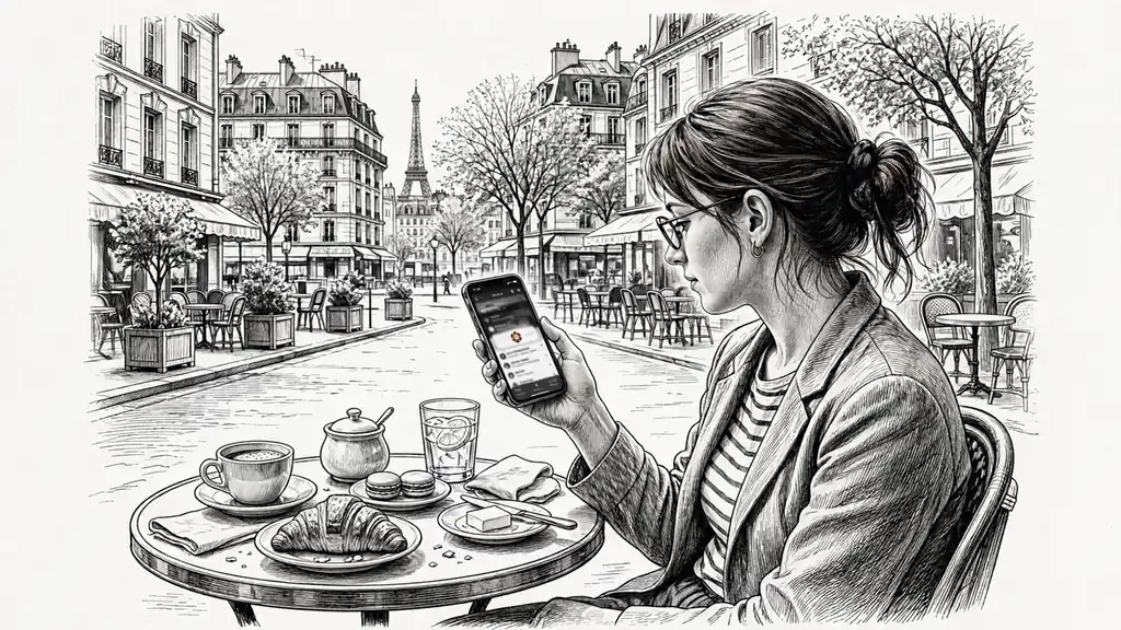 Femme moderne avec smartphone à un café parisien, tour Eiffel en arrière-plan