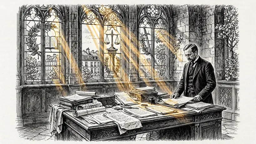 Avocat français dans une salle d'audience historique, lumière dorée.