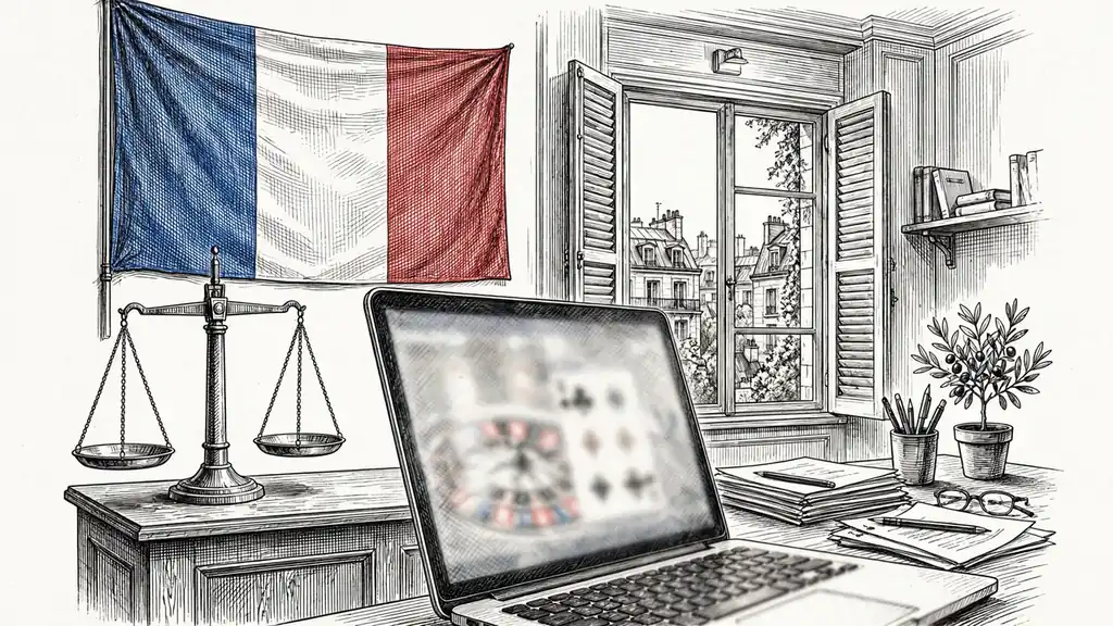 Scène représentant le cadre légal français des jeux en ligne, avec drapeau français et balance de justice.