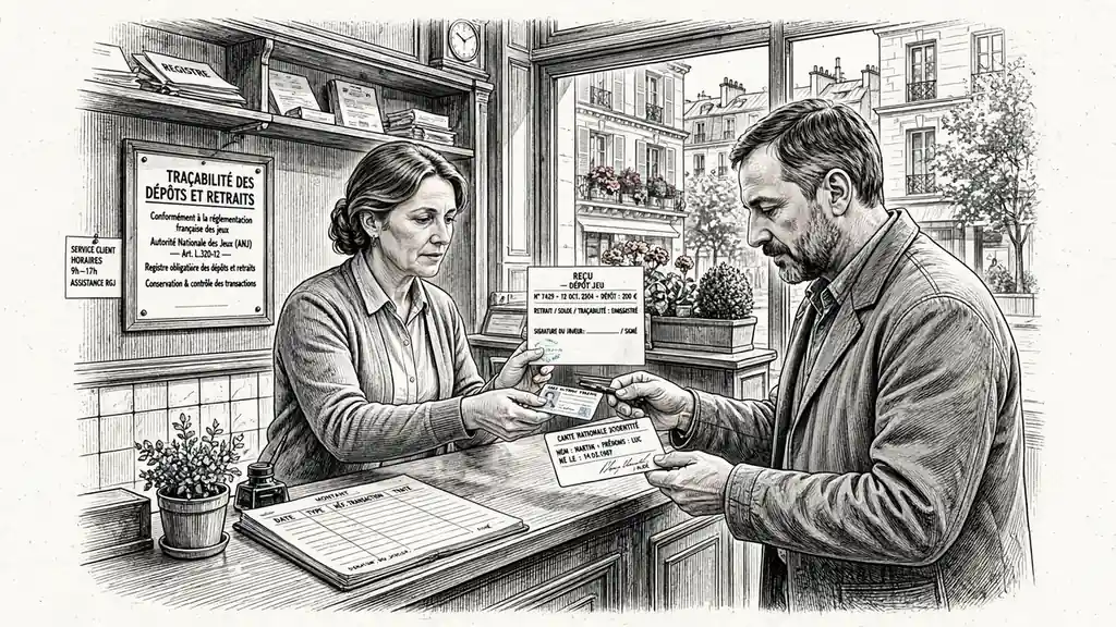 Employé de banque montrant la traçabilité d'une transaction à un joueur.