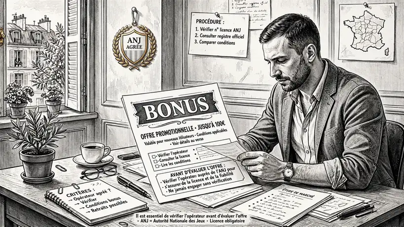 Marketeur vérifiant une offre de bonus sous supervision d'un badge ANJ.
