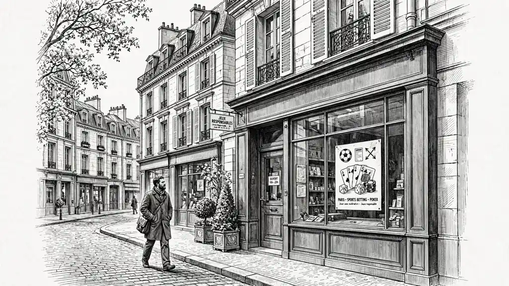 Scène parisienne montrant un magasin avec un panneau de jeu responsable