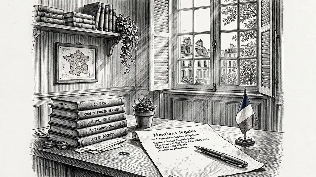 Bureau français avec livres juridiques et drapeau.