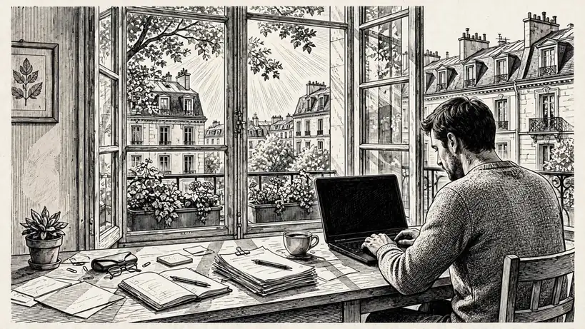 Scène d'un bureau parisien lumineux avec une personne écrivant sur ordinateur.