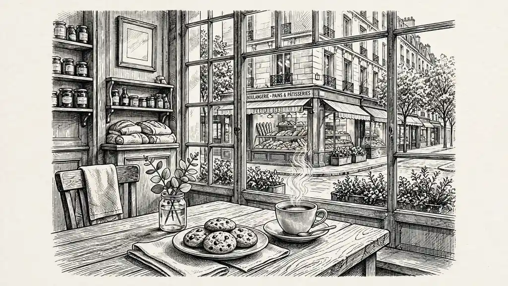 Café français avec biscuits, tasse de café, lumière du matin