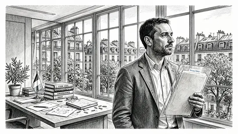 Professionnel français tenant un dossier de politique de confidentialité dans un bureau lumineux.